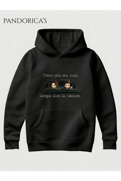 SUPERNATURAL Tasarımı "DRIVER PICKS THE MUSIC SHOTGUN SHUTS HIS CAKEHOLE " İkonik Replik Yazılı Baskılı Unisex Kapüşonlu Pamuklu Sweatshirt Hoodie