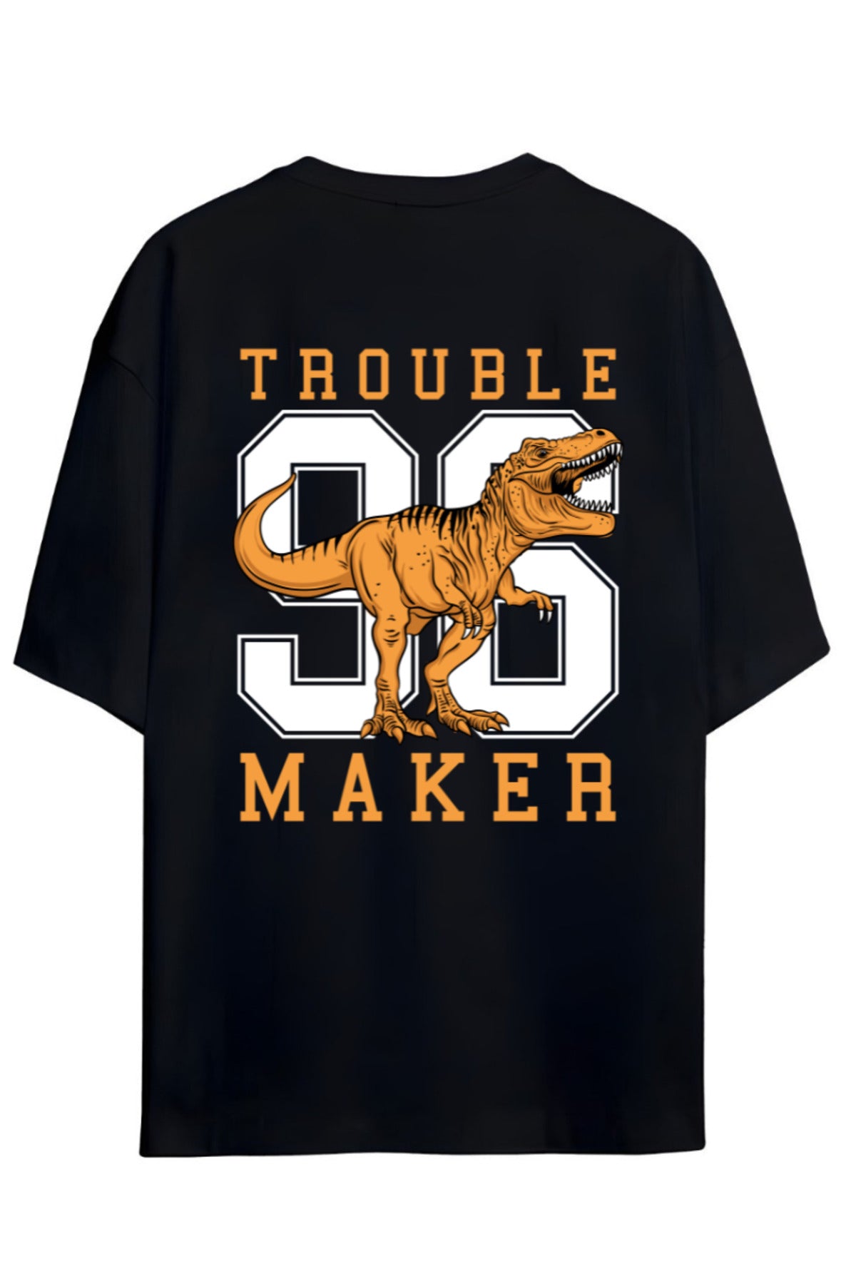 Dino Tasarım Serisi "Trouble Maker" Yazılı Dinazor Sırt Baskılı Pamuklu Unisex Tişört