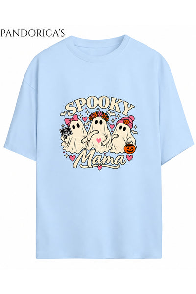 Kadın Hamile Temalı "SPOOKY MAMA" Yazılı Cadılar Bayramı Sevimli Hayalet Baskılı Oversize Pamuklu Tişört Bisiklet Yaka
