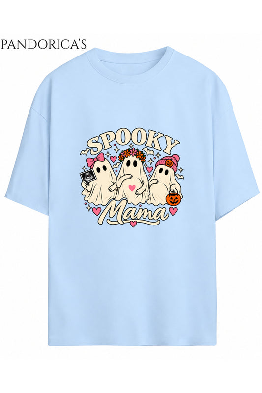 Kadın Hamile Temalı "SPOOKY MAMA" Yazılı Cadılar Bayramı Sevimli Hayalet Baskılı Oversize Pamuklu Tişört Bisiklet Yaka