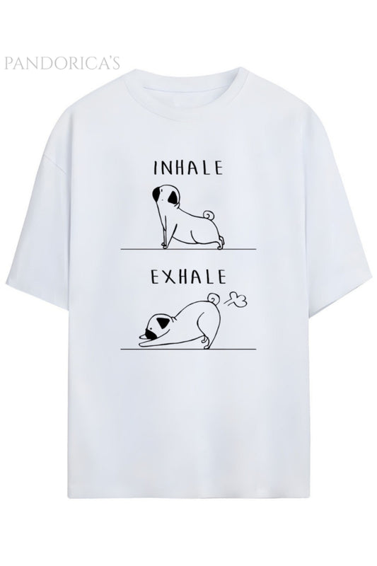 Pandorica's Dog Yoga Komik Tasarim Köpek Baskılı Inhale Exhale Yazılı Unisex Pamuklu T-shirt