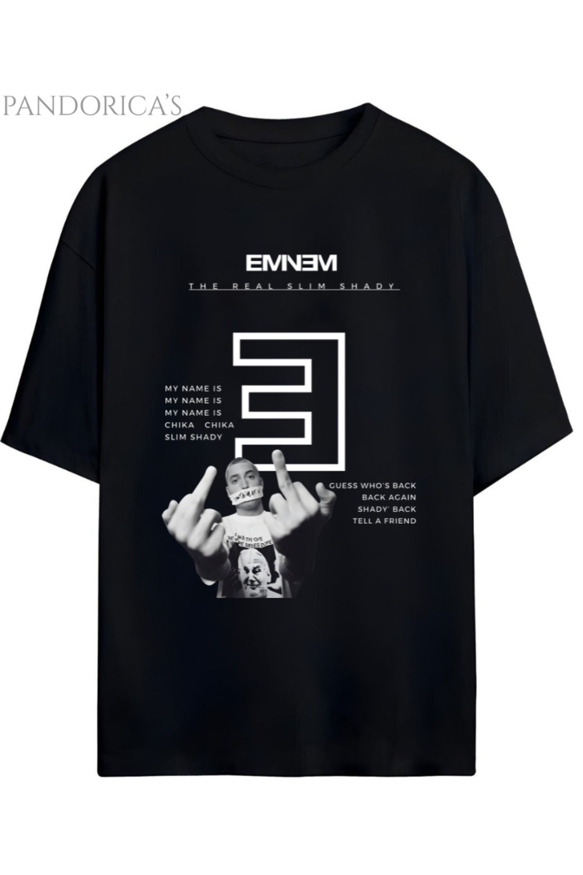 Siyah Eminem Slim Shady Baskılı Yazılı Pamuklu Unisex Tişört - 9
