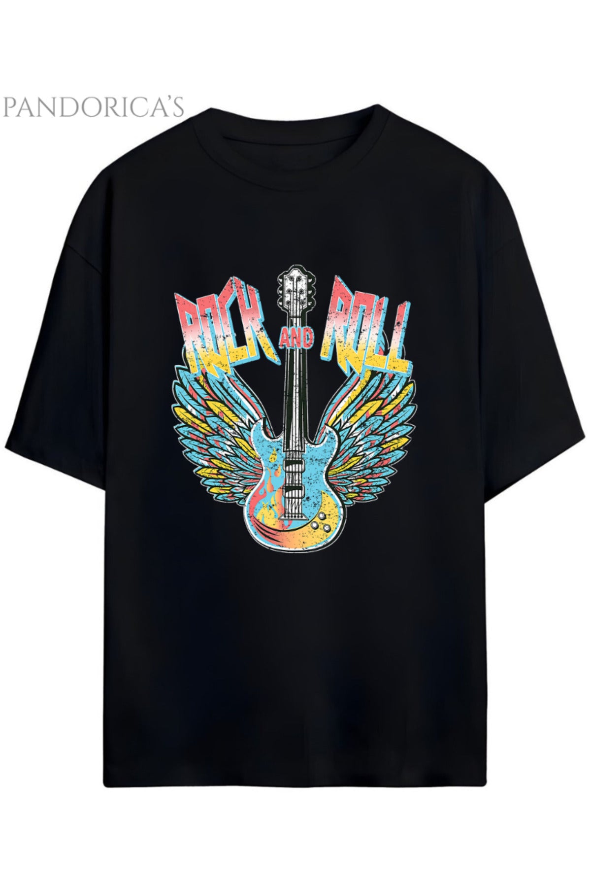 Siyahb Pandorica's Rock Tasarım Serisi Rock&Roll Yazılı Gitar Baskılı Unisex Pamuklu T-Shirt - 81