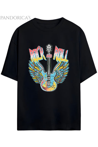 Pandorica's ROCK TASARIM SERİSİ ROCK&ROLL Yazılı Gitar Baskılı Unisex Pamuklu T-shirt