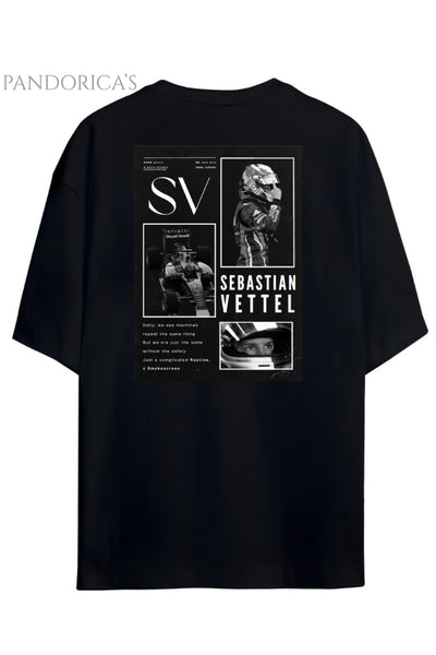 Pandorica's Sebastian Vettel Tasarımı Sırt ve Göğüs Baskılı Unisex Pamuklu T-shirt