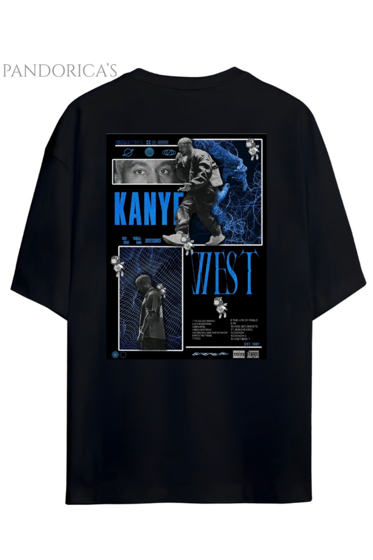 Siyah Pandorica's Kanye West Tasarımı Sırt Baskılı Unisex Pamuklu T-Shirt - 17