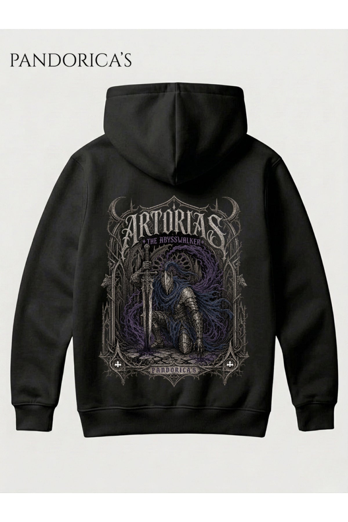 Siyah Dark Souls "Astorias Of The Abyss" Özel Tasarımı Yazılı Sırt Baskılı Unisex Kapüşonlu Pamuklu Sweatshirt Kanguru Cepli Hoodie - 6