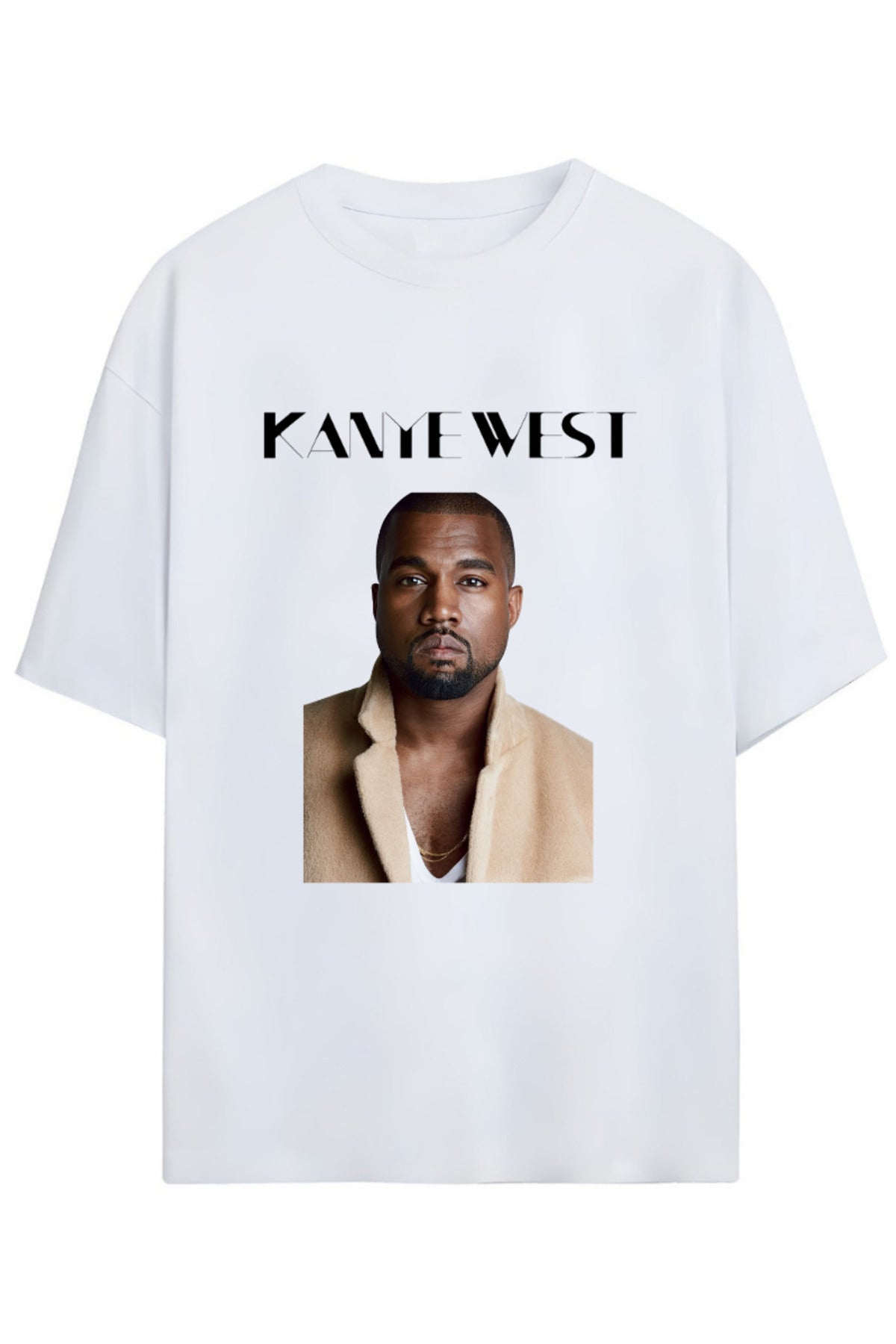 Beyaz Kanye West Tasarımı Baskılı Yazılı Pamuklu Unisex T-Shirt - 77