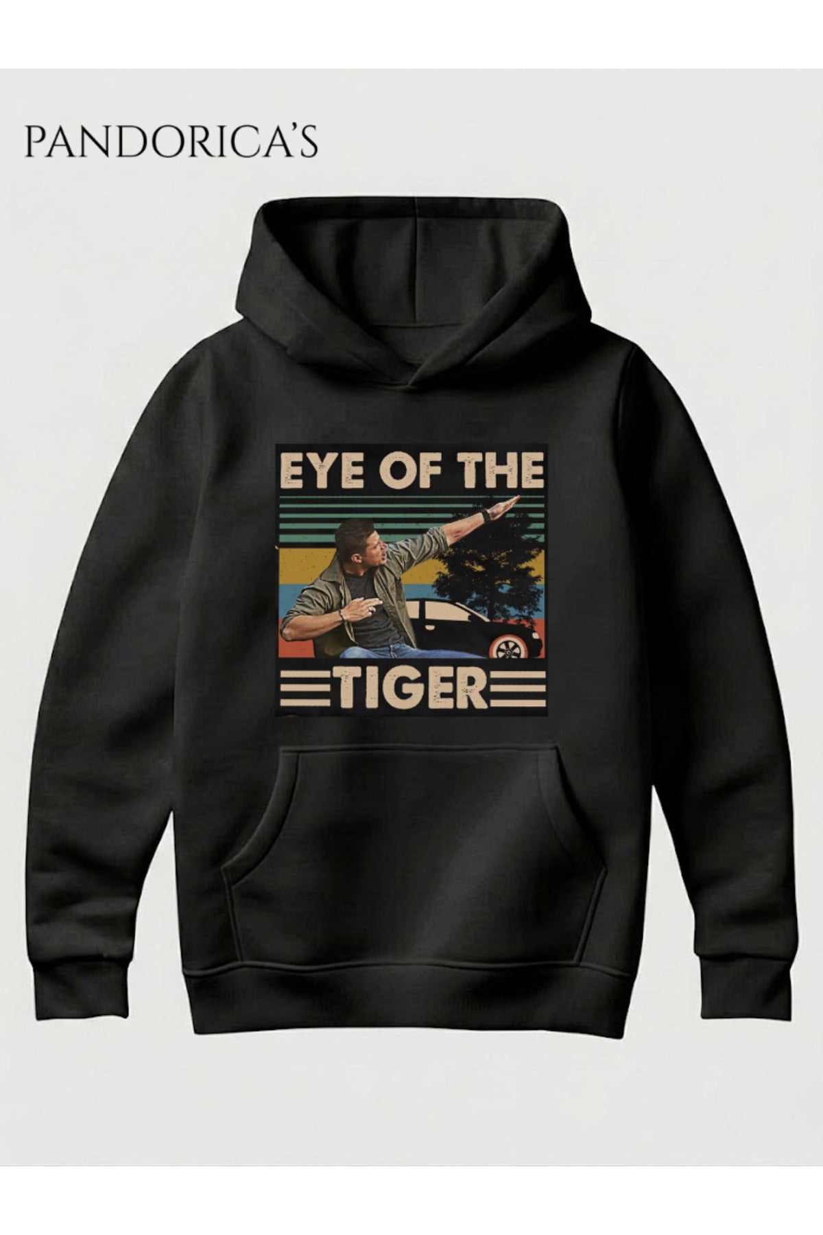 Siyah Supernatural Özel Tasarımı" Eye Of The Tiger" Dean Winchester İkonik Sahne Yazılı Baskılı Unisex Kapüşonlu Pamuklu Sweatshirt Hoodie - 141