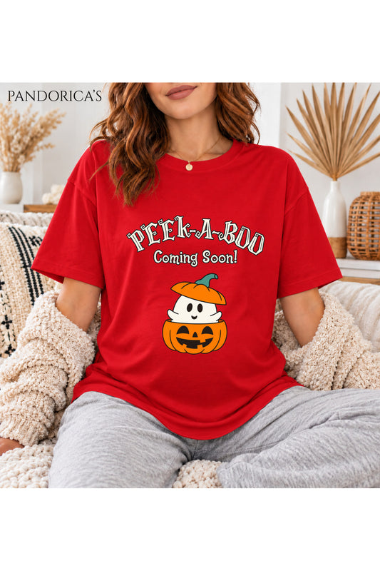 Kadın Hamile Temalı "Peek A Boo Coming Soon" Yazılı Cadılar Bayramı Bal Kabağı Baskılı Oversize Pamuklu Tişört Bisiklet Yaka