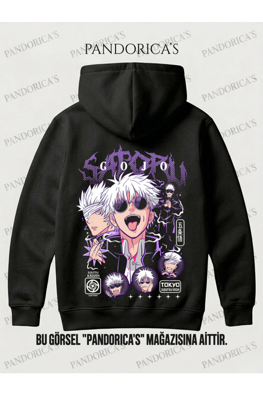 JUJUTSU KAISEN ANİME Tasarımı Yazılı "SATORU GOJO" SIRT BASKILI Unisex Kapüşonlu Pamuklu Sweatshirt (Hoodie)