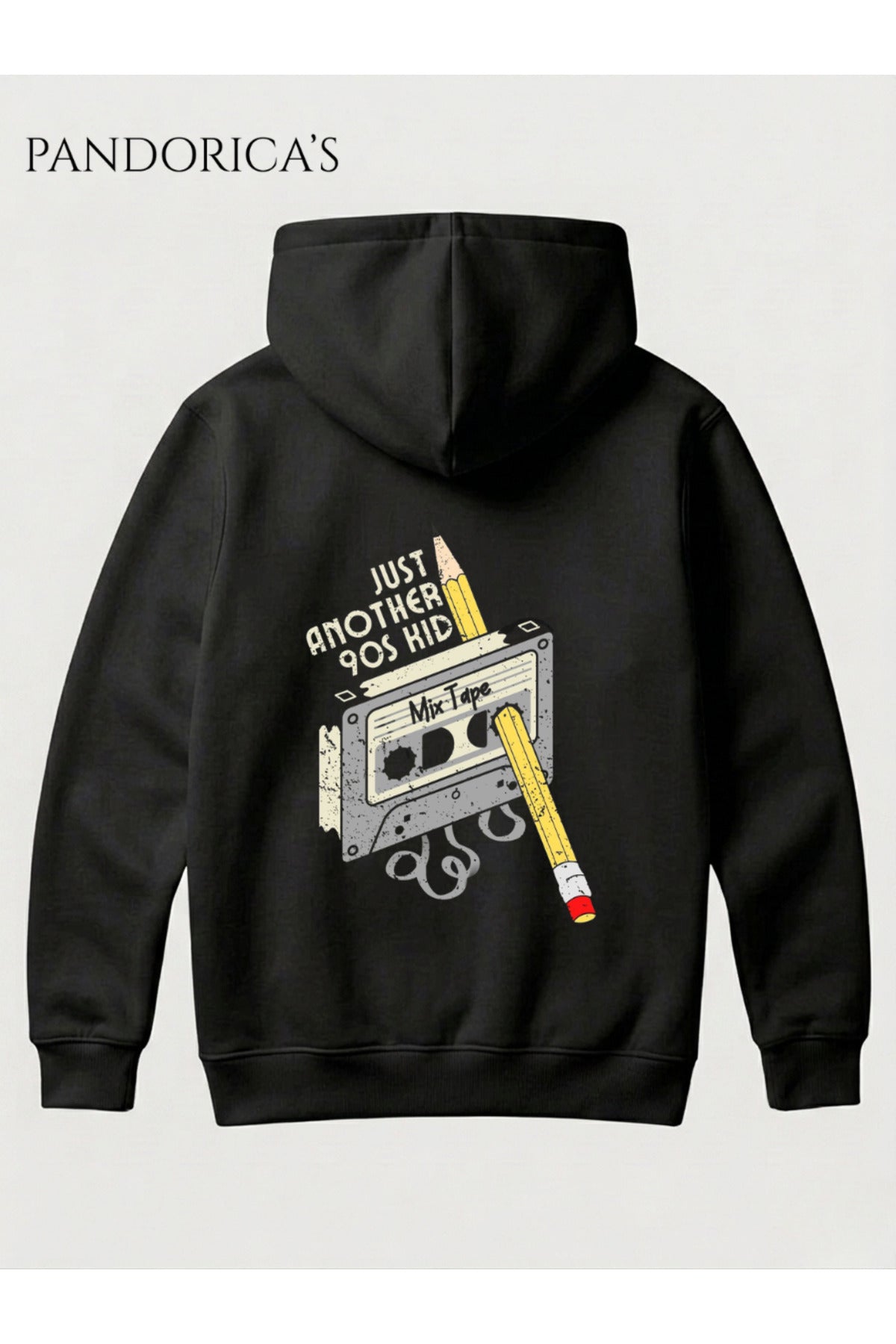 990lar Retro Tasarım "Just Another 90S Kid" Yazılı Kaset Ve Kalem Sırt Baskılı Unisex Kapüşonlu Pamuklu Sweatshirt Hoodie