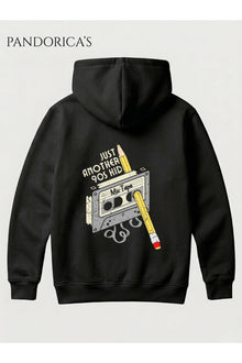 990lar Retro Tasarım "JUST ANOTHER 90S KID" Yazılı Kaset ve Kalem SIRT BASKILI Unisex Kapüşonlu Pamuklu Sweatshirt Hoodie