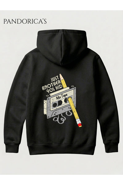990lar Retro Tasarım "JUST ANOTHER 90S KID" Yazılı Kaset ve Kalem SIRT BASKILI Unisex Kapüşonlu Pamuklu Sweatshirt Hoodie