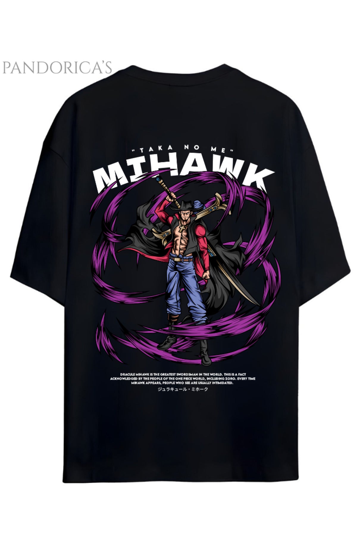 One Piece Özel Tasarım Serisi "Dracule Mihawk" Sırt Baskılı Yazılı Unisex Pamuklu Tişört