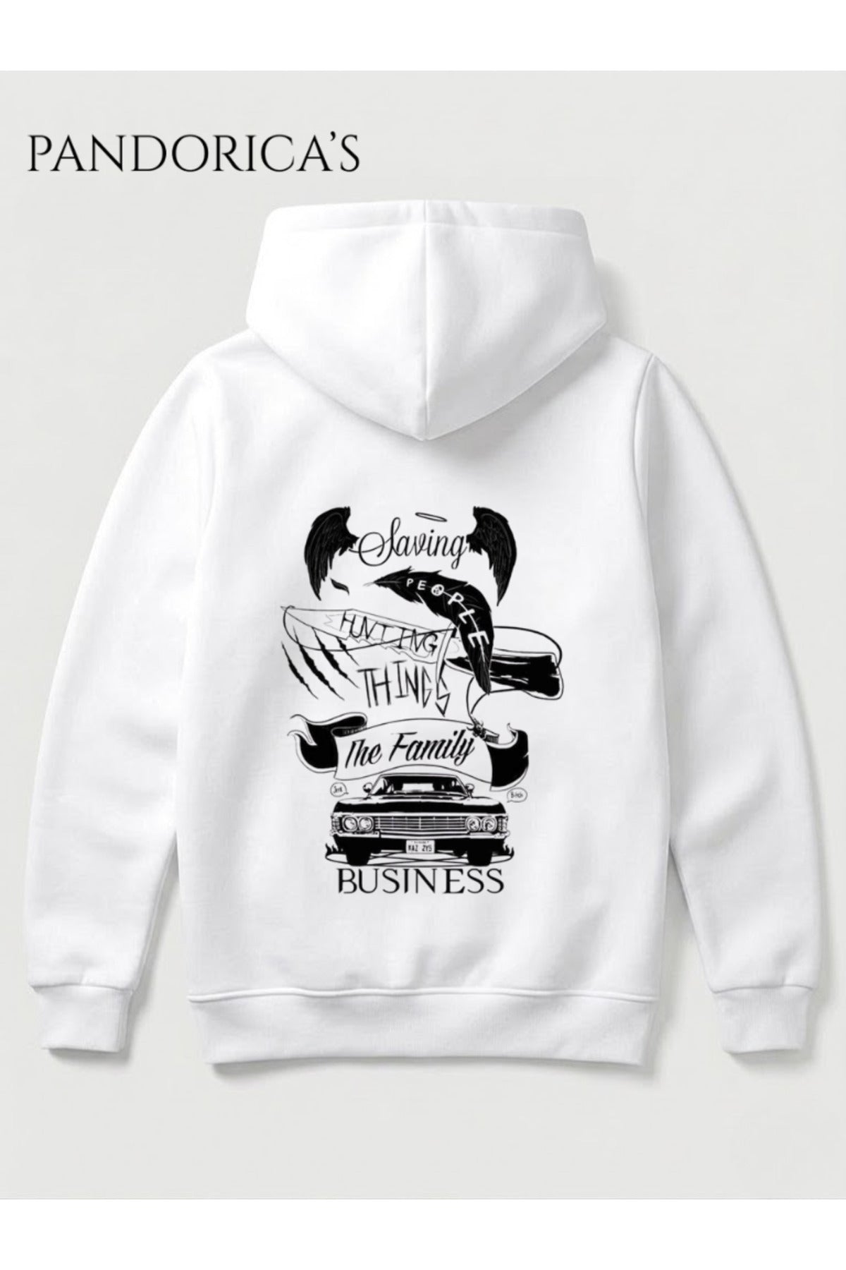Supernatural Özel Tasarım Serisi "Saving People Hunting Things" Yazılı Sırt Ve Göğüs Baskılı Unisex Kapüşonlu Pamuklu Sweatshirt Hoodie