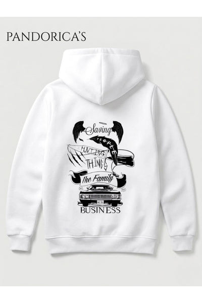 SUPERNATURAL Özel Tasarım Serisi "Saving People Hunting Things" Yazılı SIRT ve GÖĞÜS Baskılı Unisex Kapüşonlu Pamuklu Sweatshirt Hoodie