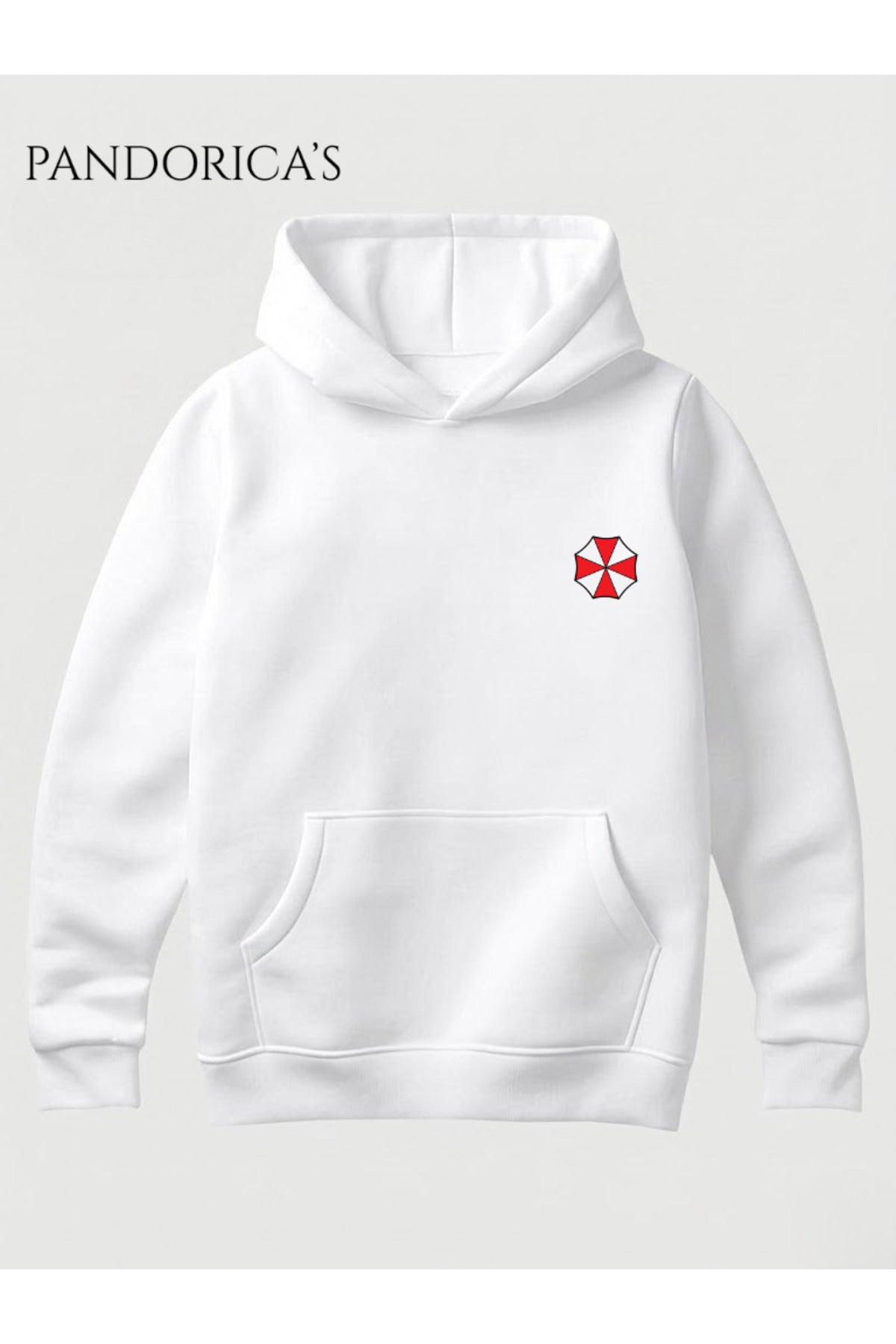 Beyaz Resident Evil "Umbrella Corporation Bioweapons" Tasarımı Yazılı Sırt Ve Ön Baskılı Unisex Kapüşonlu Pamuklu Gamer Sweatshirt Hoodie - 124