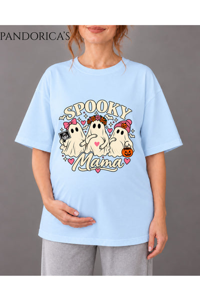 Kadın Hamile Temalı "SPOOKY MAMA" Yazılı Cadılar Bayramı Sevimli Hayalet Baskılı Oversize Pamuklu Tişört Bisiklet Yaka