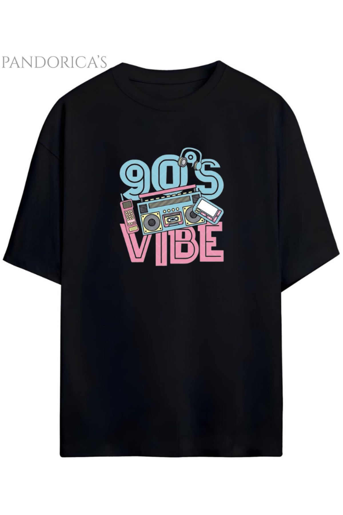 Siyah Pandorica's 1990Lar Baskılı 90's Vibe Yazılı Retro Tasarım Serisi Unisex Pamuklu Tişört - 5
