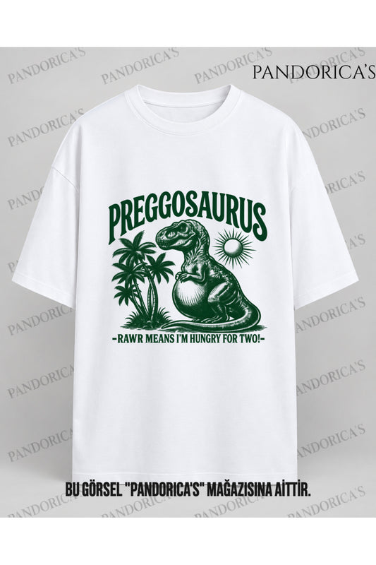 Kadın Hamile Temalı "PREGGOSAURS I'M HUNGRY FOR TWO" Sevimli Dinazor Baskılı Oversize %100 Pamuk Tişört Bisiklet Yaka