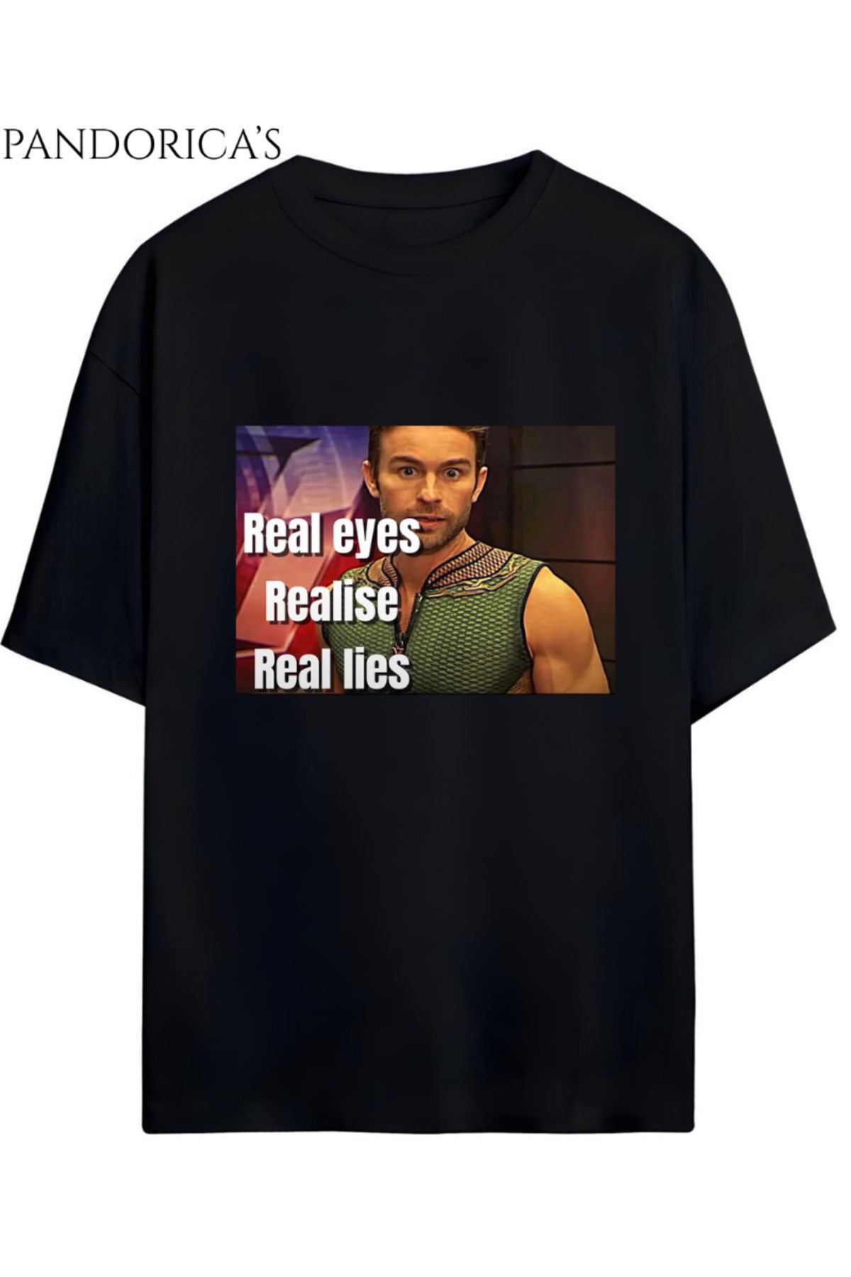 Siyah The Boys Tasarımı Deep İkonik Replik "The Eyes Realise Real Lies" Yazılı Baskılı Unisex Pamuklu Relaxed Kalıp Tişört - 232