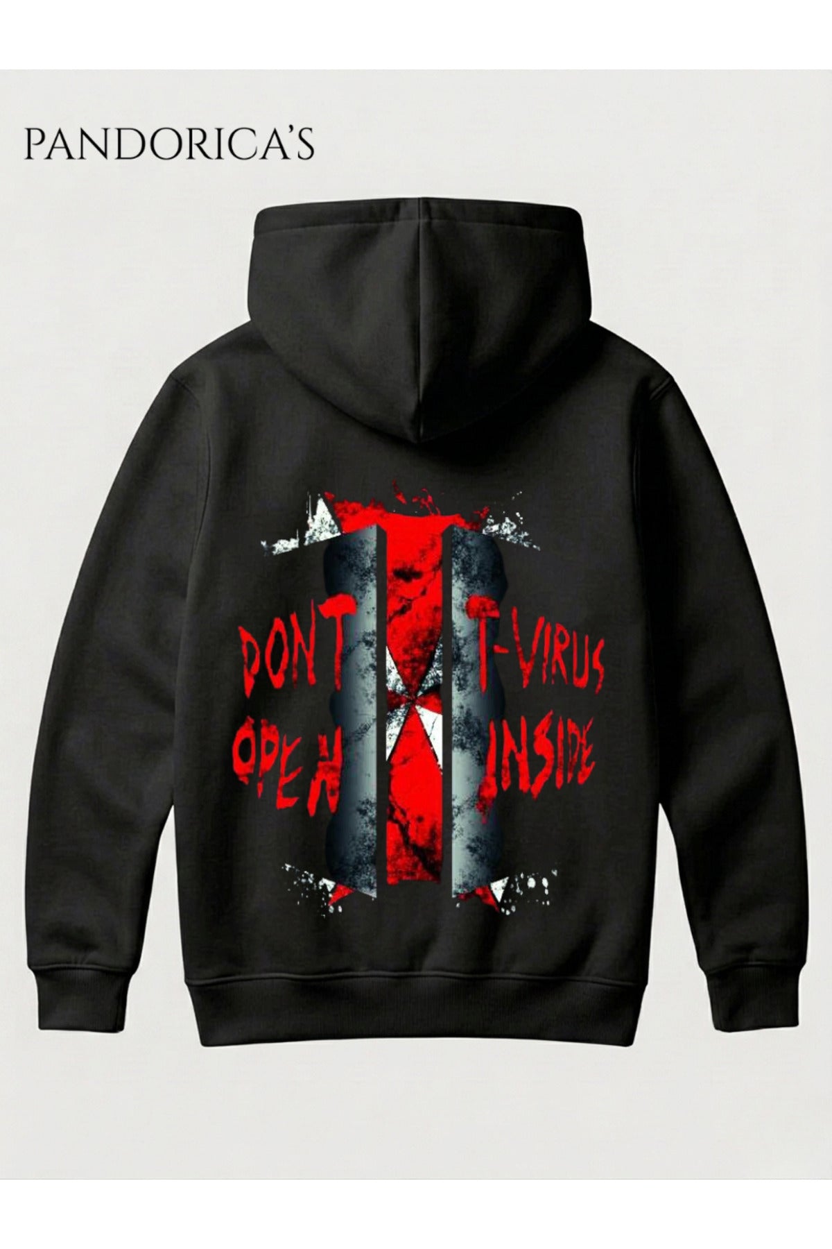 Resident Evil "Don't Open T-Virus Inside" Tasarımı Yazılı Sırt Baskılı Unisex Kapüşonlu Pamuklu Gamer Sweatshirt Hoodie