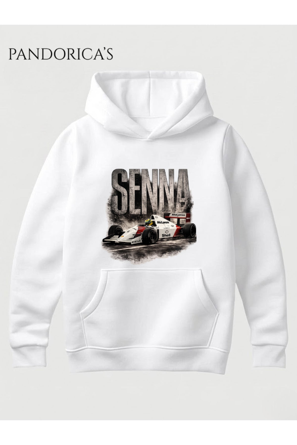 Siyah Ayrton Senna Tasarımı Sırt Ve Ön Baskılı Unisex Kapüşonlu Pamuklu Sweatshirt (Hoodie) - 1