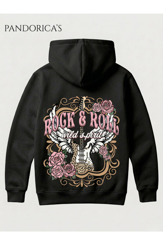 ROCK&ROLL Vintage Tasarımı "WILD SPIRIT" Yazılı Gitar SIRT Baskılı Unisex %100 Pamuk 3 İplik Kışlık Kapüşonlu Kanguru Cepli Basic Sweatshirt (Hoodie)