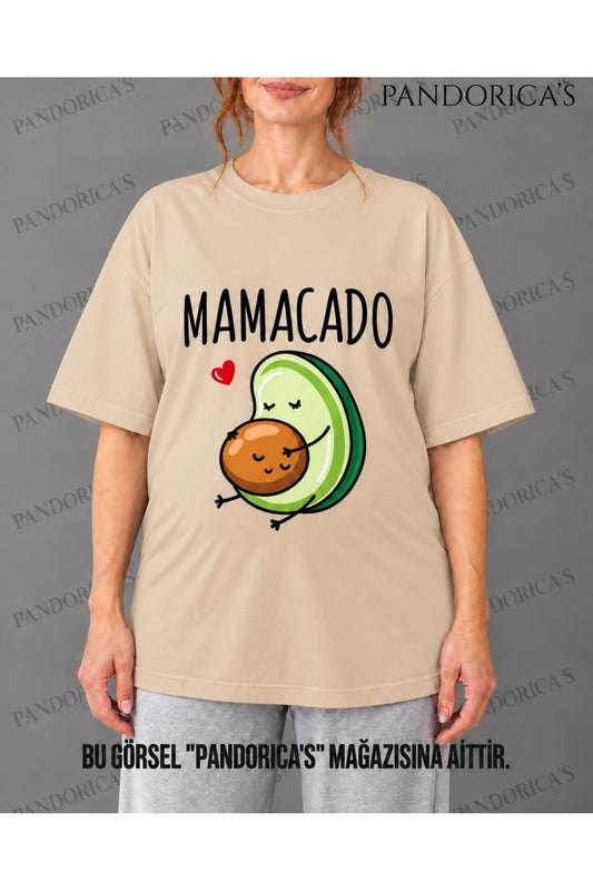 Kadın Hamile Temalı "MAMACADO" Sevimli Avokado Baskılı Oversize %100 Pamuk Tişört Bisiklet Yaka