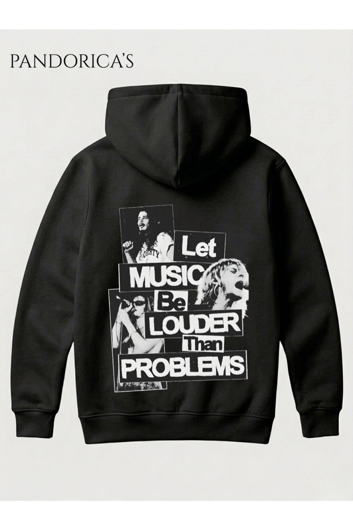 Nirvana "Let Music Louder Than Problems" Tasarımı Yazılı Sırt Baskılı Unisex Kapüşonlu Pamuklu Sweatshirt Hoodie