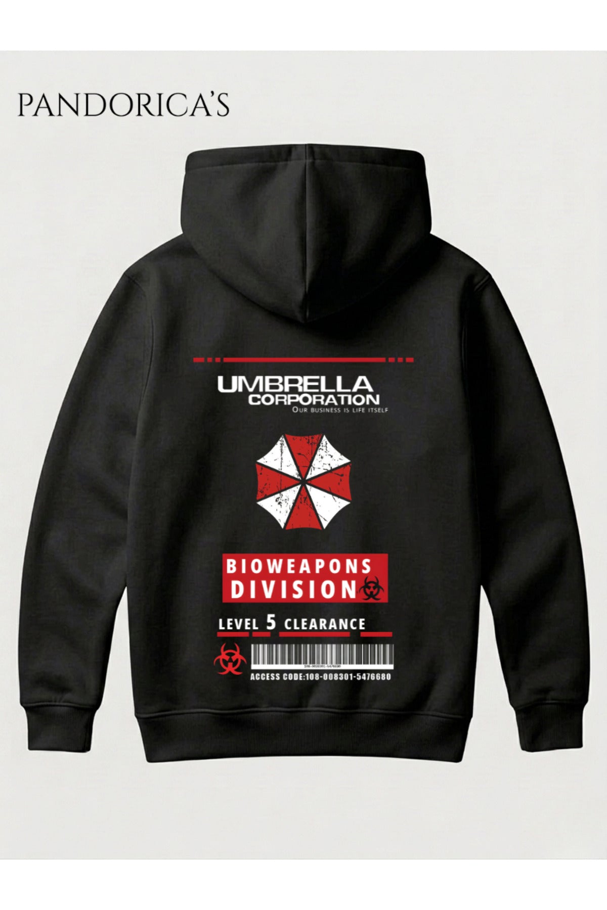 Siyah Resident Evil "Umbrella Corporation Bioweapons" Tasarımı Yazılı Sırt Ve Ön Baskılı Unisex Kapüşonlu Pamuklu Gamer Sweatshirt Hoodie - 133