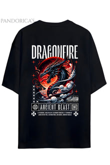 Streetwear Tasarımları Japanese Style "DRAGON FIRE" Yazılı Ejderha Baskılı Pamuklu Unisex Tişört