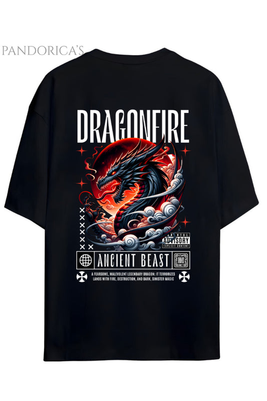 Streetwear Tasarımları Japanese Style "DRAGON FIRE" Yazılı Ejderha Baskılı Pamuklu Unisex Tişört