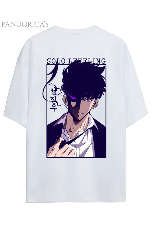 Solo Leveling Anime Tasarım Serisi Sung Jinwoo Yazılı Sırt Baskılı Pamuklu Unisex Tişört