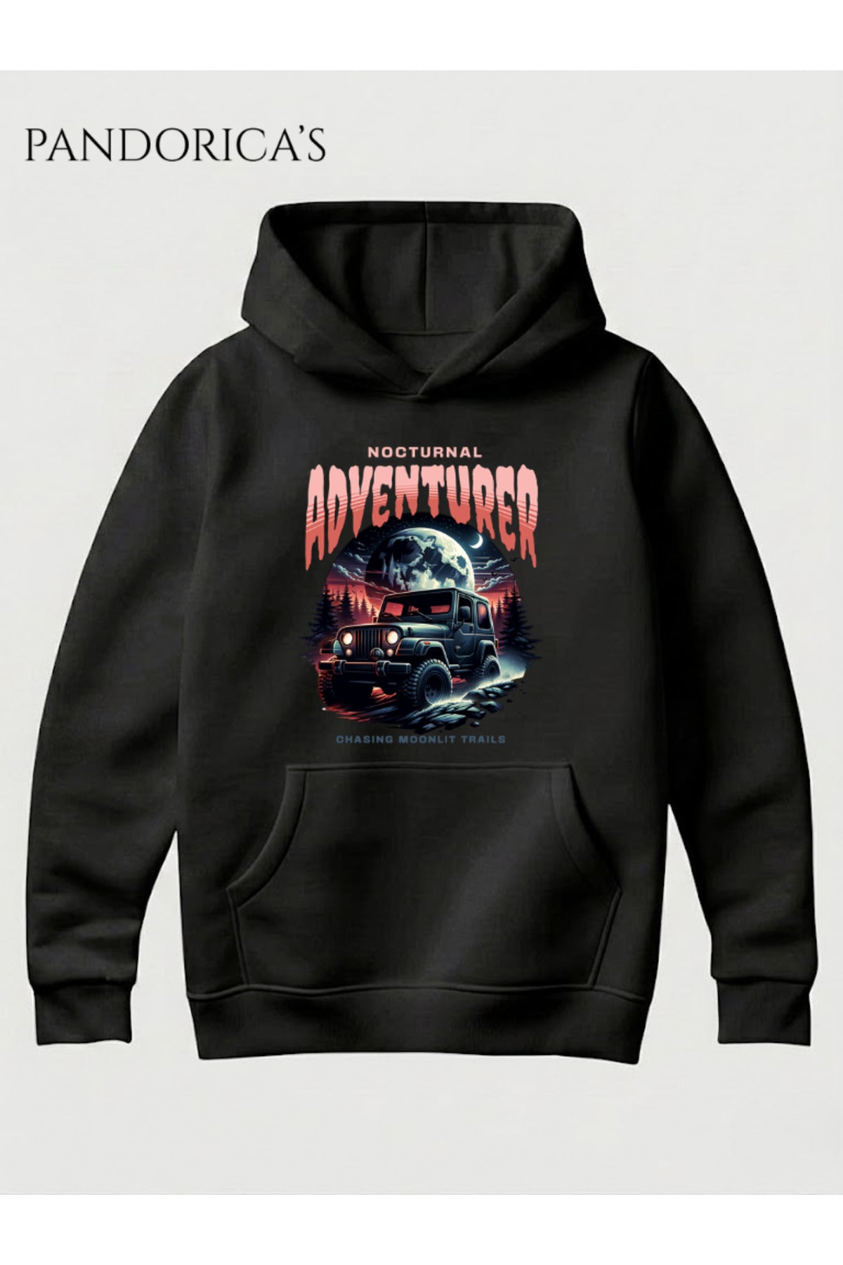 Siyah Streetwear Tasarım Serisi "Nocturnal Adventurer Off-Road" Yazılı Baskılı Unisex Kapüşonlu Pamuklu Sweatshirt (Hoodie) - 6