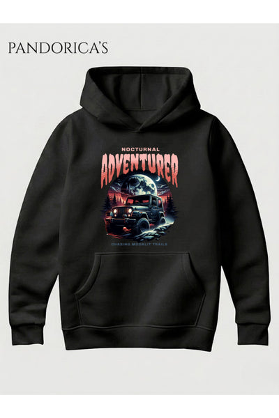 Streetwear Tasarım Serisi "Nocturnal Adventurer Off-Road" Yazılı Baskılı Unisex Kapüşonlu Pamuklu Sweatshirt (Hoodie)