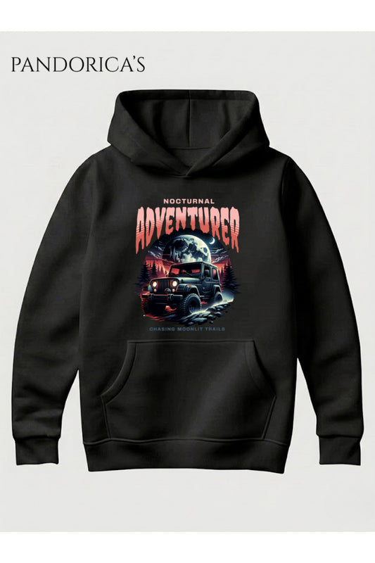Streetwear Tasarım Serisi "Nocturnal Adventurer Off-Road" Yazılı Baskılı Unisex Kapüşonlu Pamuklu Sweatshirt (Hoodie)