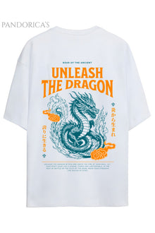 Streetwear Tasarımları Japanese Style "Unleash The Dragon" Yazılı Ejderha Sırt Baskılı Pamuklu Unisex Tişört