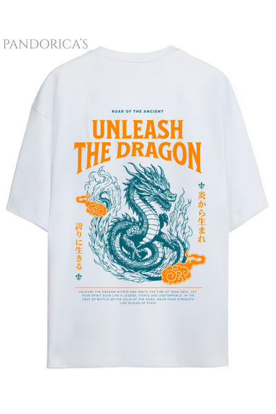 Streetwear Tasarımları Japanese Style "Unleash The Dragon" Yazılı Ejderha Sırt Baskılı Pamuklu Unisex Tişört