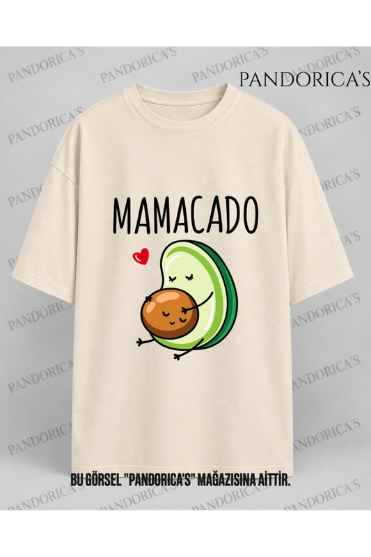Kadın Hamile Temalı "MAMACADO" Sevimli Avokado Baskılı Oversize %100 Pamuk Tişört Bisiklet Yaka