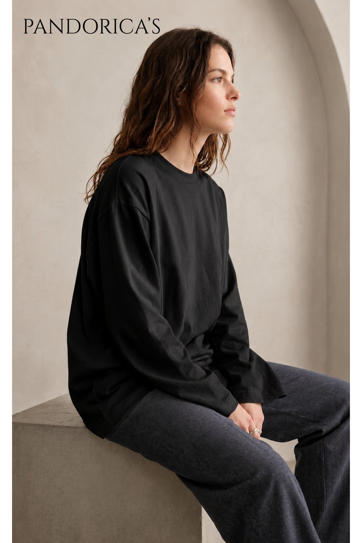 Pandorica's Siyah Oversize Geniş Kesim Uzun Kollu %100 Pamuk Yazlık Basic Tişört
