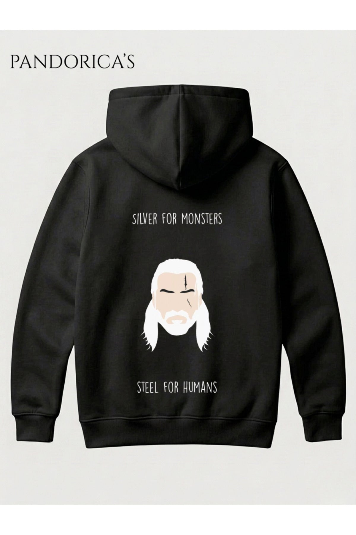 The Witcher Tasarımı "Silver For Monsters Steel For Humans" Yazılı Sırt Baskılı Unisex Kapüşonlu Pamuklu Gamer Sweatshirt Hoodie