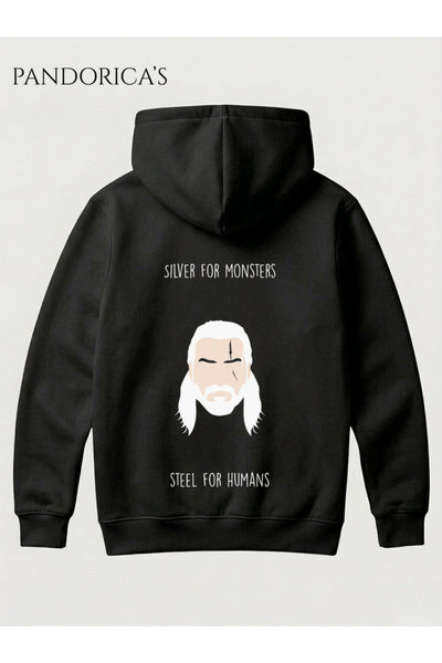 THE WITCHER Tasarımı "SILVER FOR MONSTERS STEEL FOR HUMANS" Yazılı SIRT Baskılı Unisex Kapüşonlu Pamuklu Gamer Sweatshirt Hoodie