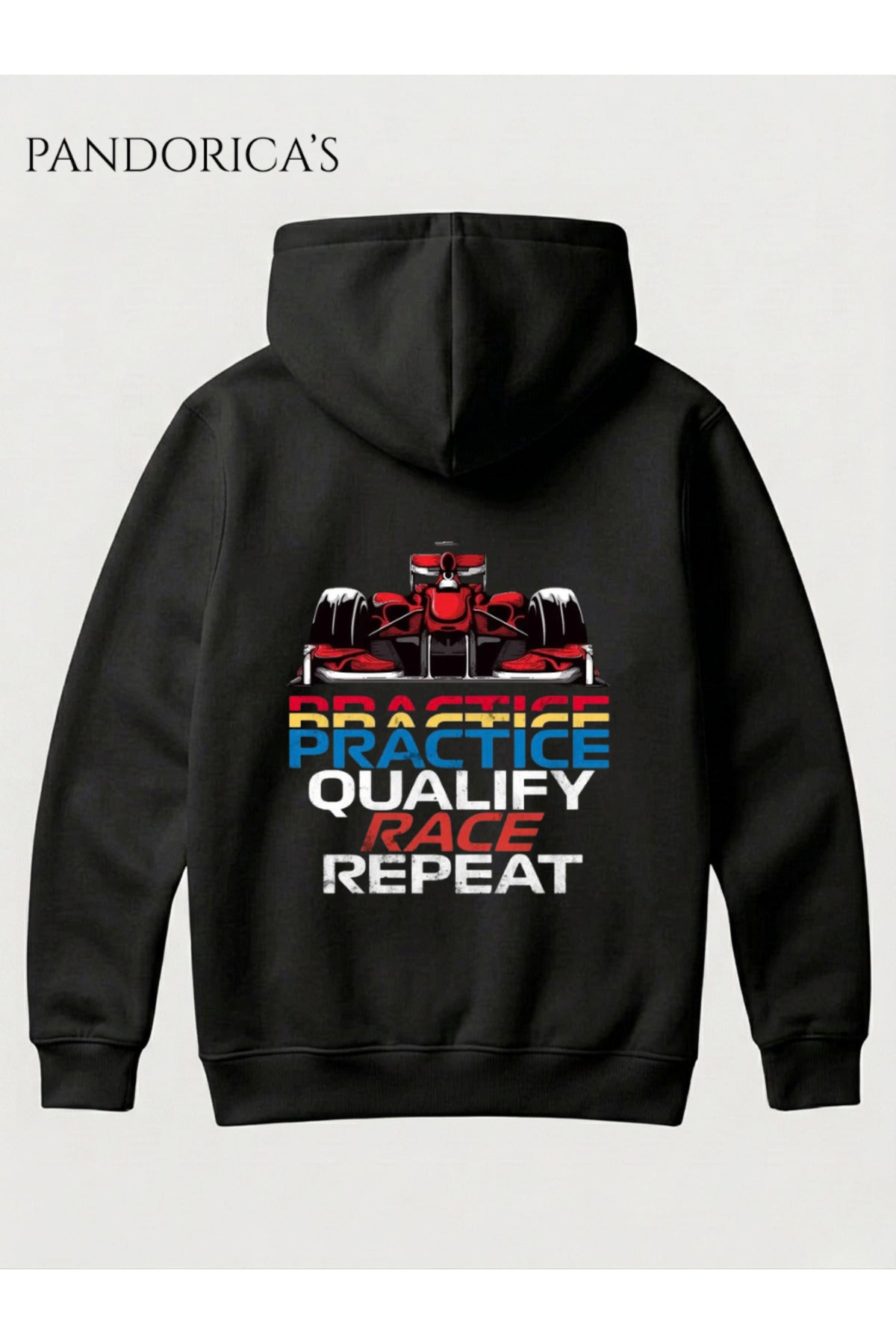 Siyah Motor Yarış Tutkunları İçin "Race Week" Tasarımı "Practice -Qualify- Race - Repeat" Yazılı Sırt Ve Ön Baskılı Unisex Kapüşonlu Pamuklu Sweatshirt (Hoodie) - 42