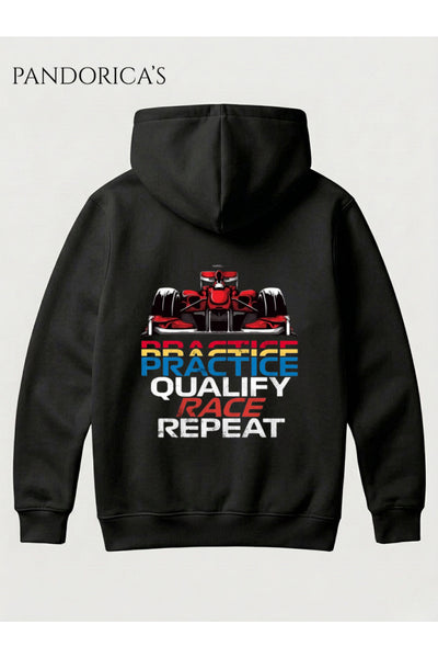 Motor Yarış Tutkunları İçin "RACE WEEK" Tasarımı "PRACTICE -QUALIFY- RACE - REPEAT "Yazılı Sırt ve ÖN Baskılı Unisex Kapüşonlu Pamuklu Sweatshirt (Hoodie)