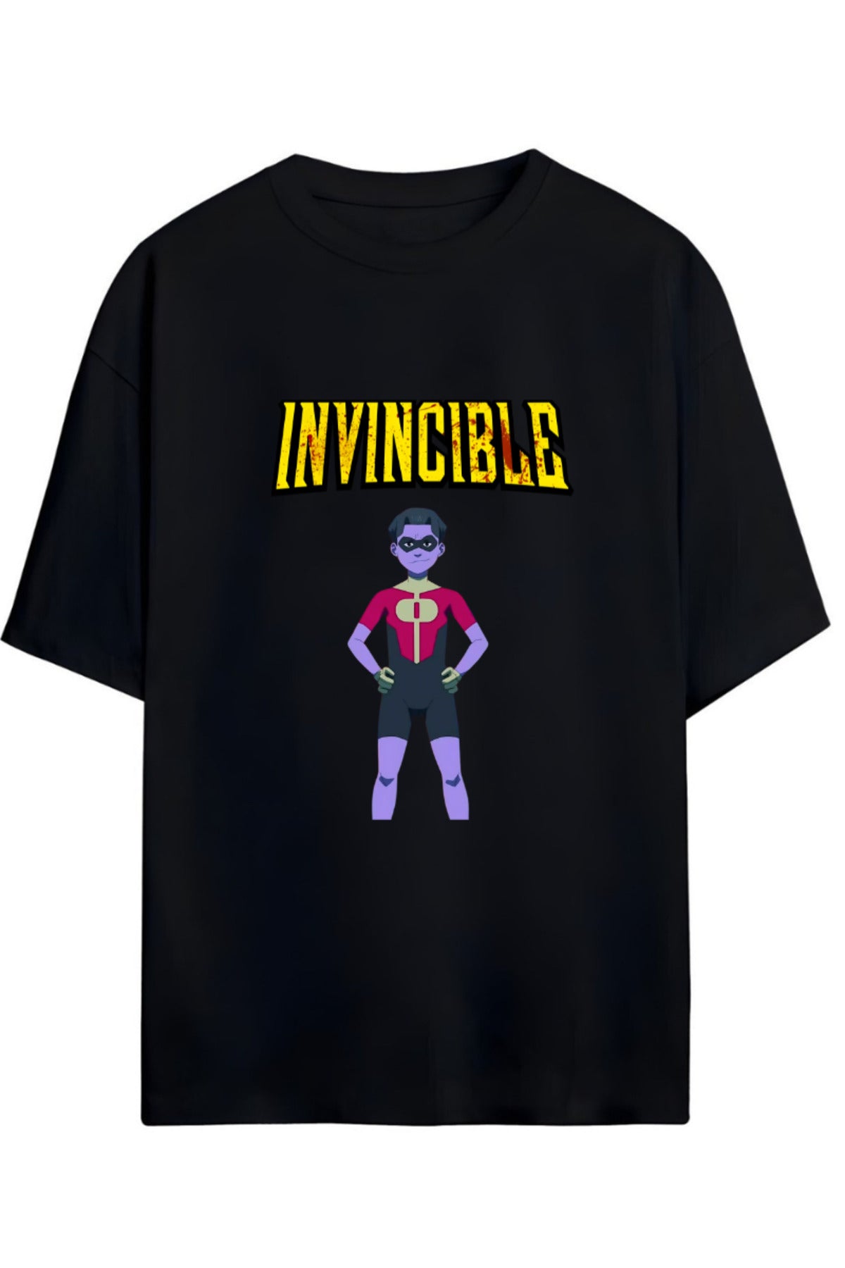 Siyah Invincible Oliver The Kid Omni-Man Baskılı Yazılı Pamuklu Relaxed Kalıp Unisex Tişört - 89