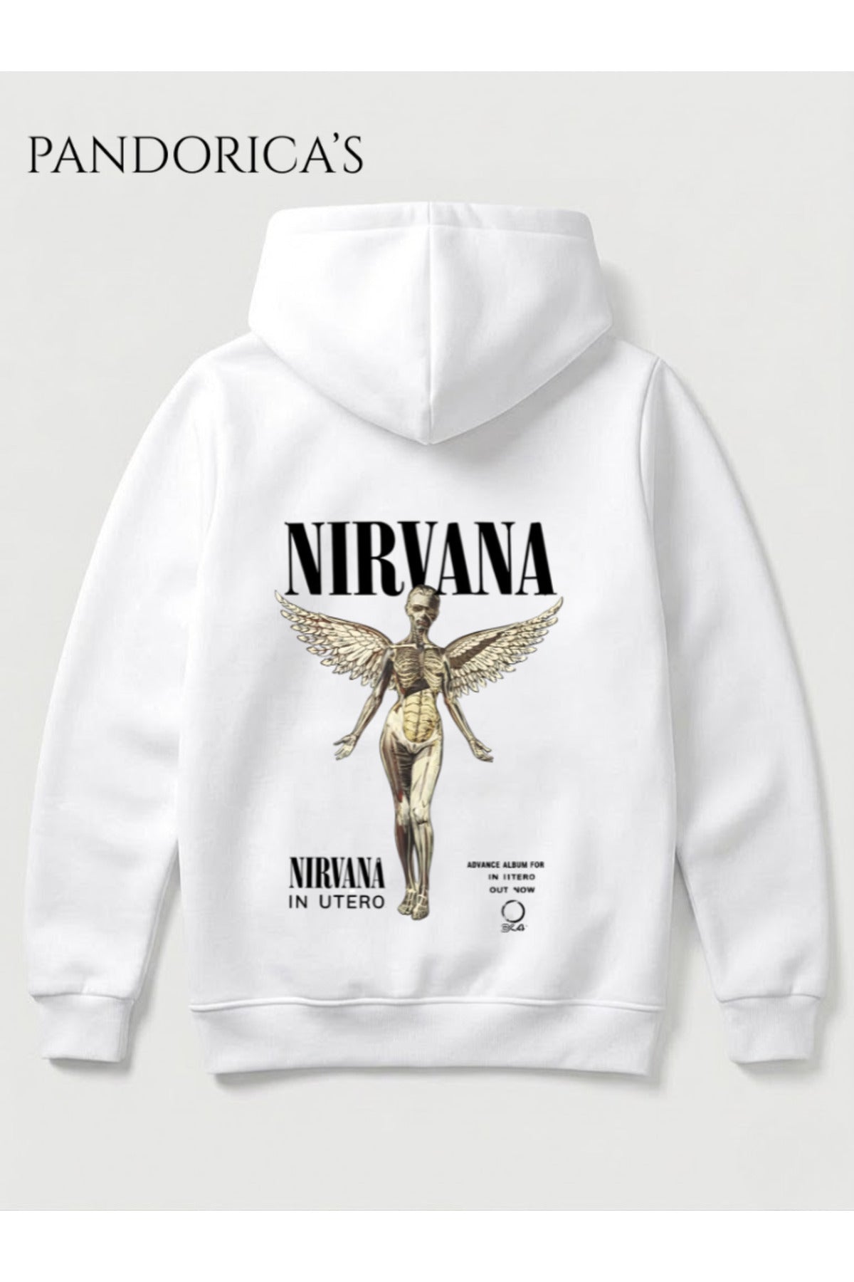 Beyaz Nirvana "In Utero" Tasarımı Yazılı Sırt Baskılı Unisex Kapüşonlu Pamuklu Sweatshirt Kanguru Cep Hoodie - 213