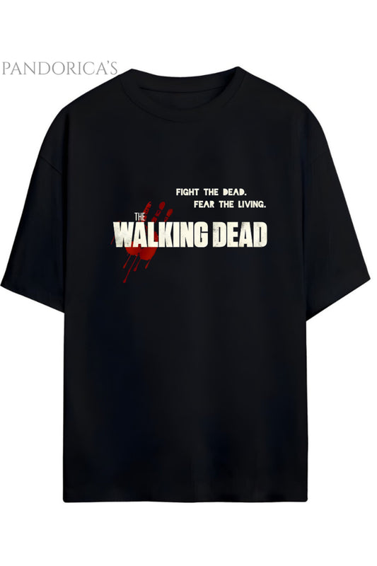 The Walking Dead "FIGHT THE DEAD FEAR THE LIVING" Yazılı Baskılı Pamuklu Relaxed Kalıp Unisex Tişört