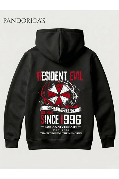Resident Evil 30. Yıl Özel Tasarımı Yazılı SIRT ve ÖN Baskılı Unisex Kapüşonlu Pamuklu Gamer Sweatshirt Hoodie
